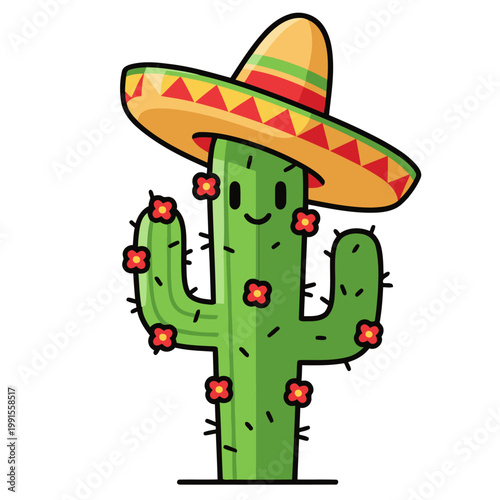 Schilderij op canvas A cute cactus wearing a sombrero and hat, with a speech bubble saying 'Cactus Hat Cinco Humor'