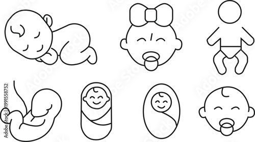 Baby Icons Set Outline Style – Newborn, Infant, Pacifier, Sleeping Baby Vector Collection