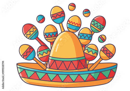 A vibrant illustration showcases a sombrero overflowing with maracas, perfect for festive designs and colorful marketing materials. Bold colors and playful style.