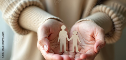 Hands hold paper people figures representing family bond. Symbolizes protection, love, and togetherness in human life. Nurturing connection between adults and children.