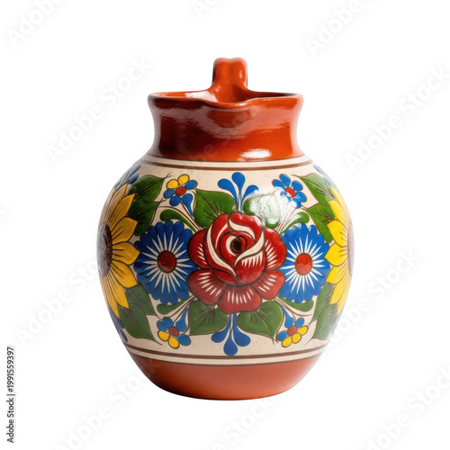 A beautifully decorated ceramic jar with floral and geometric patterns in vibrant colors
