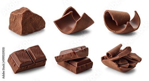 Variety of chocolate pieces isolated on white background for culinary concepts