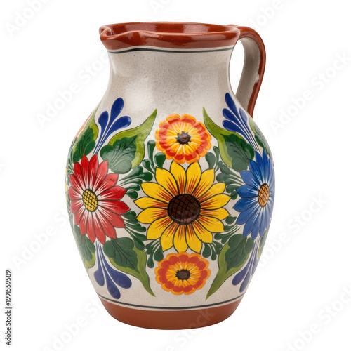 Colorful ceramic vase with vibrant floral design and traditional mexican artistic patterns