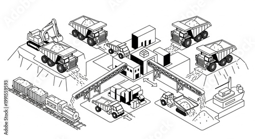 Isometric Construction Site with Buildings and Equipment.