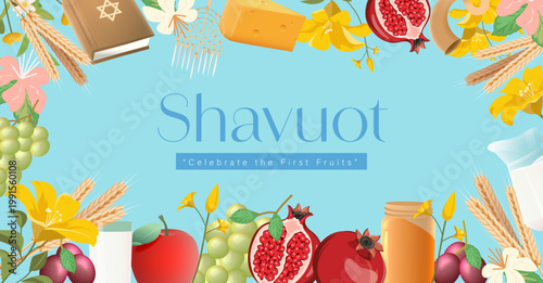 Shavuot Harvest Poster with Variety of Fruits, Wheat, Honey Jar, and Floral Decorations on Blue Background