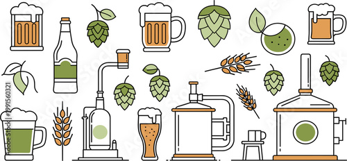 Beer Brewing Icon Set with Hops Mug Bottle Wheat Brewery Equipment Symbols for Craft Beverage Production Design Collection