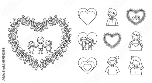 Line art illustrations depicting family love and togetherness with floral elements