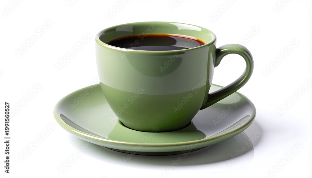 Fototapeta premium A vibrant green ceramic coffee cup filled with dark liquid sits elegantly on a matching saucer against a clean white background, showcasing a simple and inviting still life.