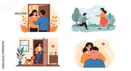 Collection of heartwarming scenes showing family members coming home and greeting their loved ones with warm hugs.