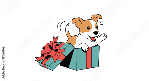 Adorable small puppy popping out of a blue gift box with a large red ribbon and wagging its tail happily at someone.