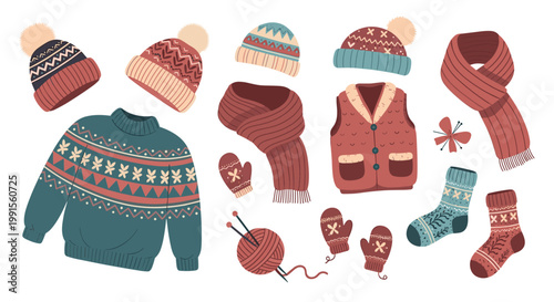 Collection of cozy winter knitted clothing items including sweaters, hats, scarves, and warm mittens for the cold season.