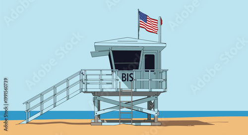 Modern blue lifeguard tower on a sunny sandy beach with an American flag flying high against a clear and bright sky.