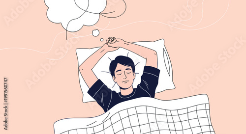 Young man sleeps peacefully in his bed with a large white thought bubble above his head to represent dreaming and deep relaxation during a night.