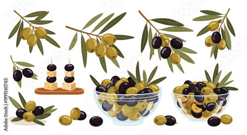 Collection of colorful illustrations featuring green and black olives on branches with leaves, in glass bowls, and as appetizers on skewers.