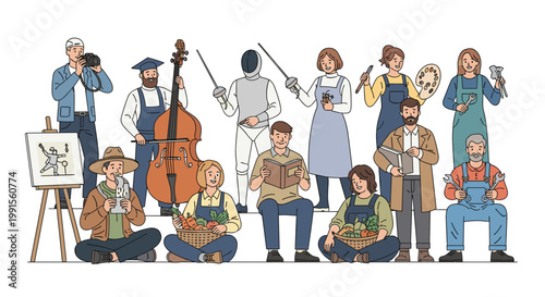 Diverse group of people representing various hobbies and occupations such as musicians, artists, fencers, photographers, and gardeners together.