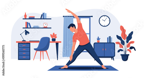 Active man performs a triangle yoga pose in his home office area to maintain fitness and mental well-being during a break from daily work.
