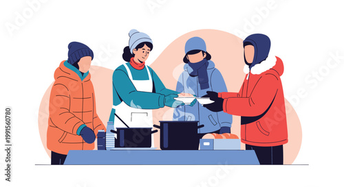 Kind volunteers in winter clothes serving hot soup to homeless or needy people from large pots at a food station.