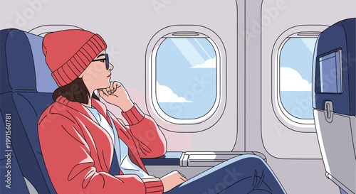 Young woman wearing a red beanie and jacket looks out of the window of a passenger airplane while traveling through blue skies and clouds.