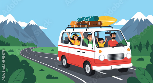 Happy family travels along a scenic mountain road in a vintage camper van with gear like a kayak and surfboard strapped to the roof rack.