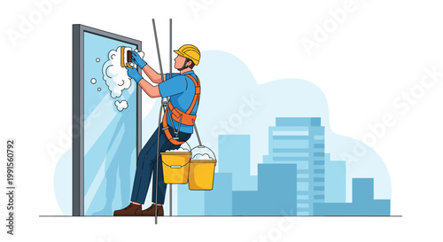 Brave professional window cleaner wearing safety harness and helmet works on the glass facade of a tall urban building with a city skyline.