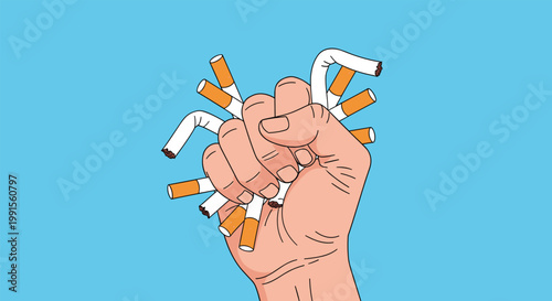 Strong hand crushes several cigarettes in a fist to symbolize the decision to quit smoking and lead a healthier lifestyle without tobacco.