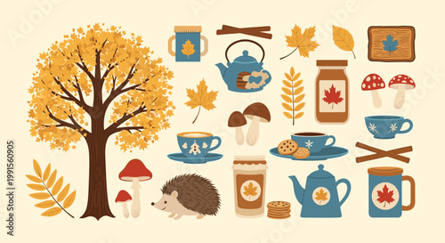 Charming collection of autumn-inspired elements such as an orange tree, colorful leaves, a hedgehog, mushrooms, and warm cups of tea.