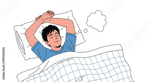 Young man sleeping peacefully in bed with a thought bubble above his head representing his dreams and deep rest.