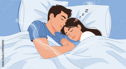 Happy young couple sleeping peacefully together in a cozy bed with decorative wind or dream patterns swirling around them.