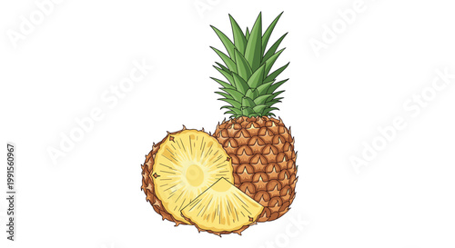 Ripe tropical pineapple fruit shown whole and sliced into segments on a white background for a fresh food concept.
