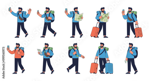 Character set of a male traveler in various poses with a backpack, map, luggage, and smartphone for a journey concept.