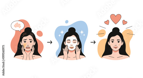 Three-step illustration of a young woman showing her skincare progress from acne to a face mask and finally clear glowing skin.
