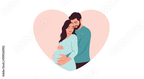 Loving couple embracing while the man holds the woman's pregnant belly inside a large pink heart shape for a family concept.