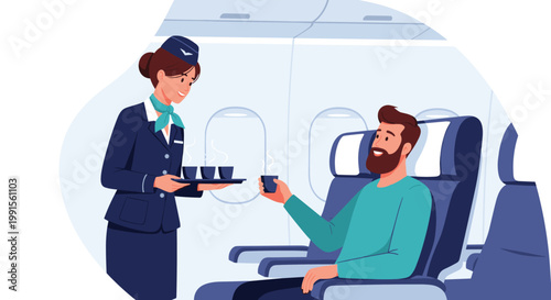 Professional flight attendant in a dark blue uniform serving a cup of coffee to a male passenger on a commercial airplane flight.