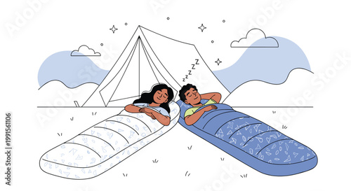 Young couple sleeping peacefully in patterned sleeping bags outside their tent during a camping trip in the mountains at night.