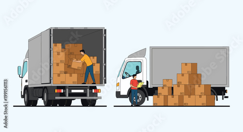 Logistics team loading a large white transport truck with cardboard boxes during a professional relocation or shipping operation.