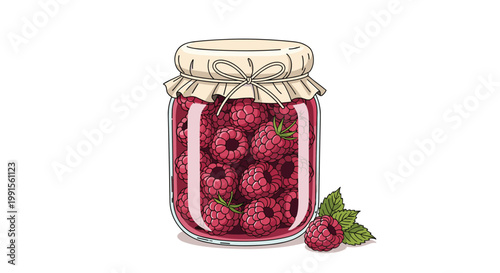 Glass jar filled with fresh raspberries and covered with a paper lid tied with string, accompanied by loose berries and green leaves.
