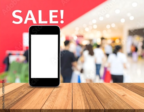 Black Smartphone With Blank White Screen On Wooden Table In Shopping Mall With Red Sale Banner And Blurred People Background