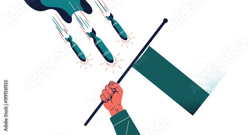 Conceptual illustration of a hand firmly holding a flag as missiles fall from the sky, symbolizing war, conflict, or social resistance.