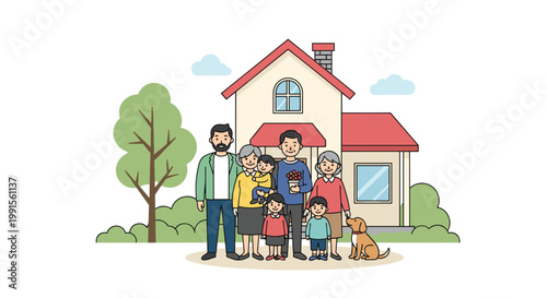 Happy multi-generational family and their dog posing for a portrait together in front of their suburban home on a pleasant sunny day.
