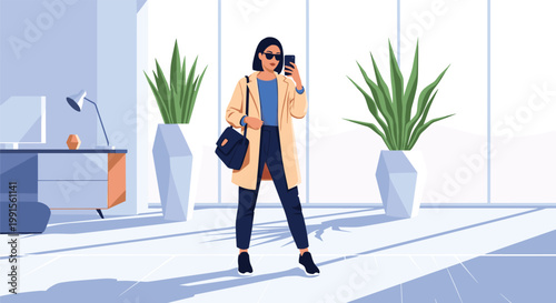 Stylish young woman in a trench coat and sunglasses taking a selfie with her smartphone in a modern minimalist office lobby or hallway.