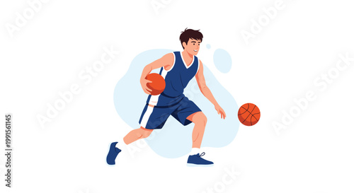 Young male basketball player in a blue uniform dribbling two balls during an intense practice session against a clean white background.