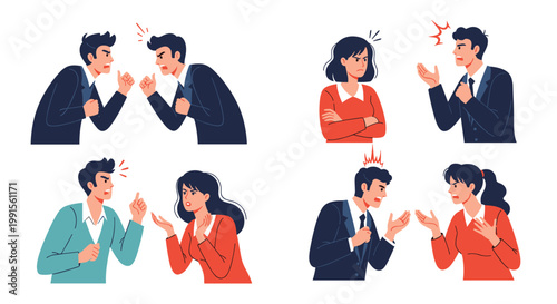 Collection of diverse people in professional attire engaged in various heated arguments, shouting, and expressing extreme anger.