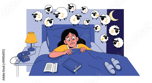 Tired woman in bed counting numbered sheep floating in the air while struggling with insomnia on a sleepless night in her bedroom.