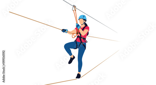 Adventurous woman wearing a safety helmet and harness ziplining along a high cable against a minimalist white background for sport.