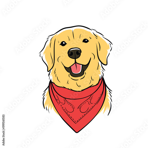 Hand Drawn Colored Golden Retriever Wearing Bandana Vector Illustration