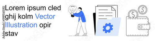 Business strategy, innovation, financial planning, technology integration, process automation, money management. A person holding a lightbulb with documents, gear and wallet. Business strategy