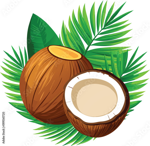 Coconut Fruit Vector Illustration – Fresh Tropical Coconut with Leaves, Organic Food Design