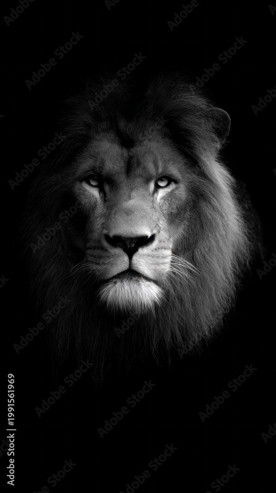 Fototapeta premium A powerful lion stands out against a dark background, its piercing gaze captivating and fierce. The detailed fur exudes nobility, highlighting nature's elegance and raw power