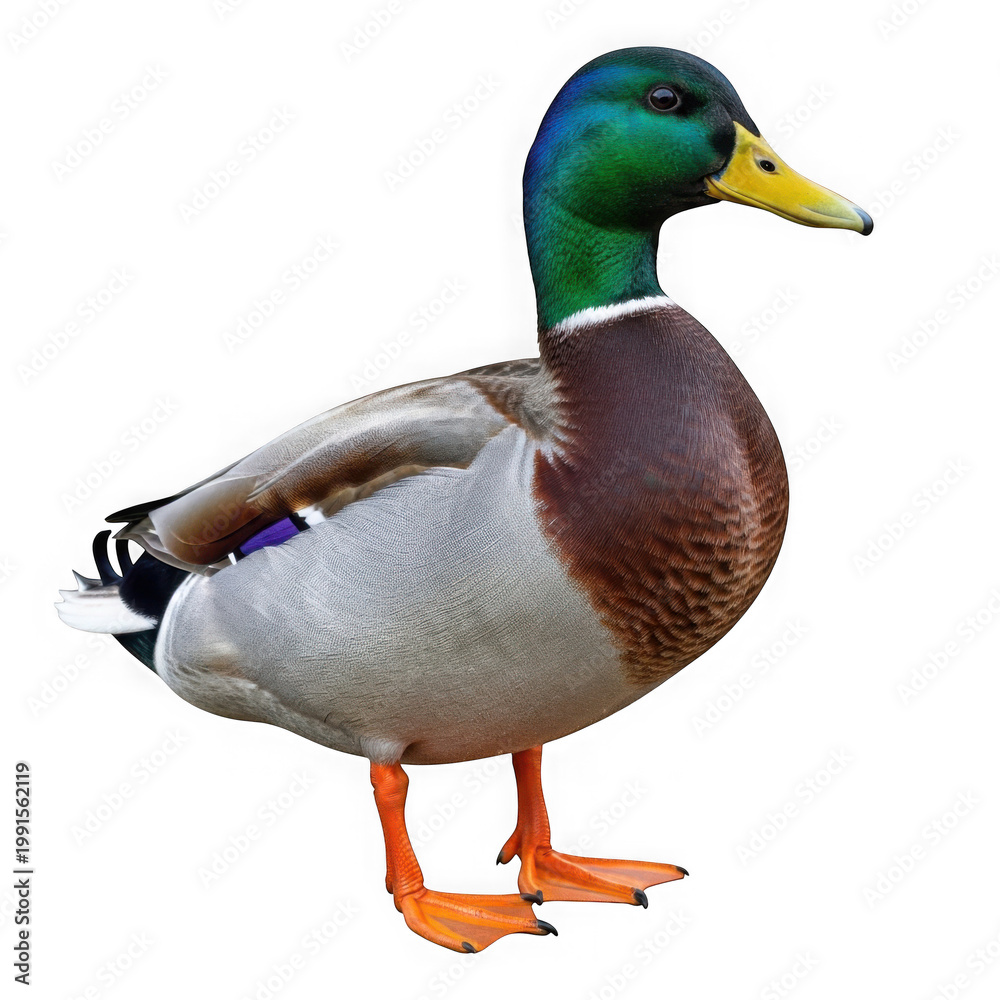 Obraz premium Majestic mallard duck with vibrant green head standing outdoors isolated on transparent background