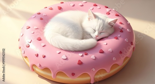 Sleeping white cat resting on pink donut with decorative sprinkles and hearts